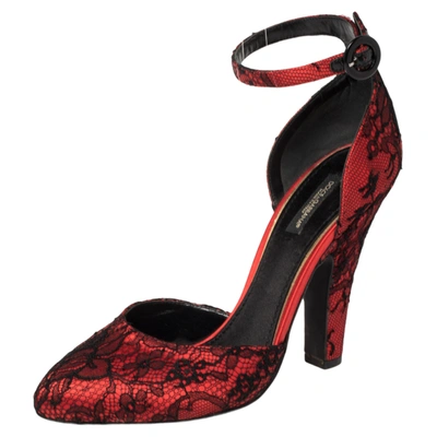 Pre-owned Dolce & Gabbana Red/black Satin And Lace Ankle Strap D'orsay Sandals Size 40