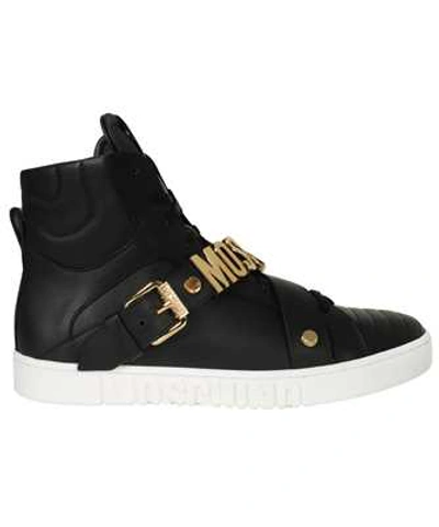 Shop Moschino Calfskin Logo Lettering High Sneakers In Black