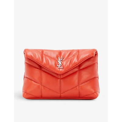 Shop Saint Laurent Puffer Leather Clutch Bag In Red Orange