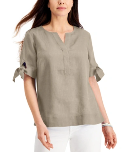 Charter Club Women's 100% Linen Split-neck Tie-cuff Top, Created For Macy's In Flax