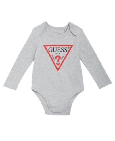 Shop Guess Baby Boys And Girls Printed Logo Bodysuit In Light Stone Heather