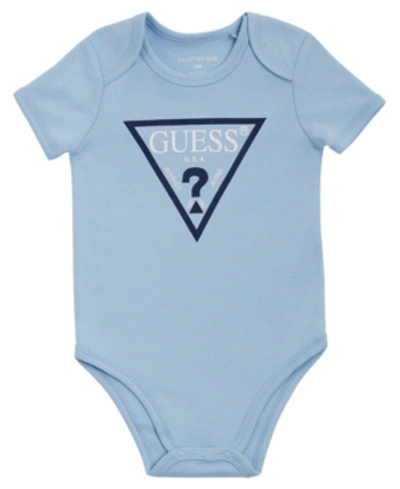 Shop Guess Baby Boys And Girls Printed Logo Short Sleeve Bodysuit In Frosted Blue