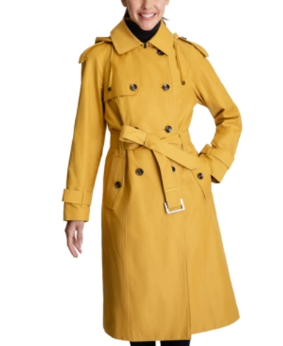Shop London Fog Petite Belted Hooded Trench Coat In Mustard
