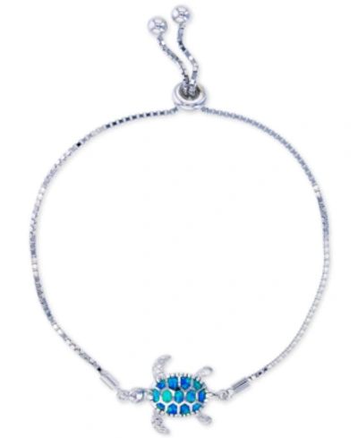 Macy's Lab-created Blue Opal Turtle Bolo Bracelet In Sterling Silver In Blue Opal