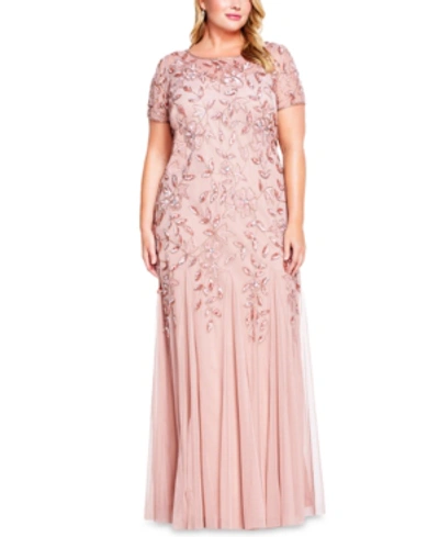 Adrianna Papell Plus Size Floral-beaded Gown In Rose Gold