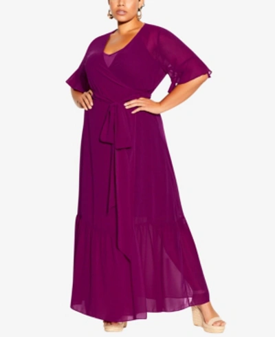 Shop City Chic Trendy Plus Size Flutter Wrap Maxi Dress In Purple