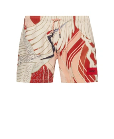Shop Hugo Men's Miso Swim Shorts With Crane Print In Red