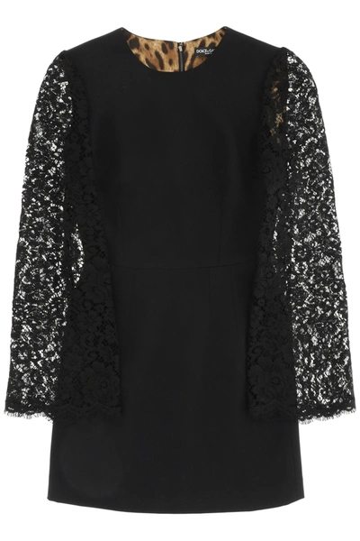 Shop Dolce & Gabbana Mini Dress With Cordonetto Lace Sleeves In Nero (black)
