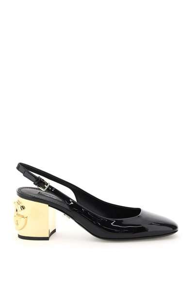 Shop Dolce & Gabbana Patent Leather Slingback With Dg Karol Heel In Nero Oro (black)