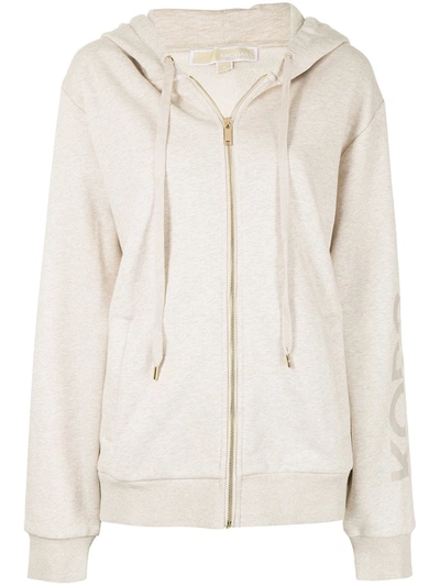 Shop Michael Michael Kors Logo Zipped Drawstring Hoodie In Grey