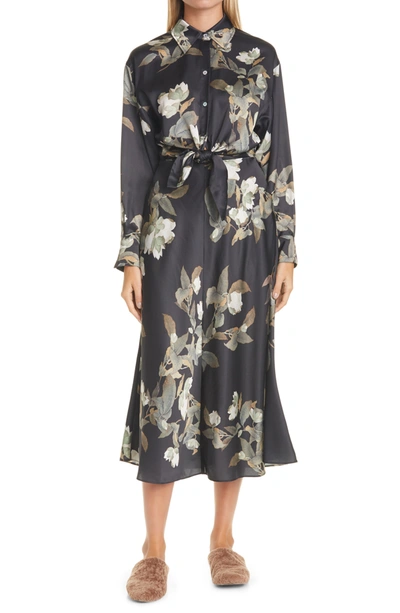 Shop Vince Lisianthus Tie Front Long Sleeve Shirtdress In Black