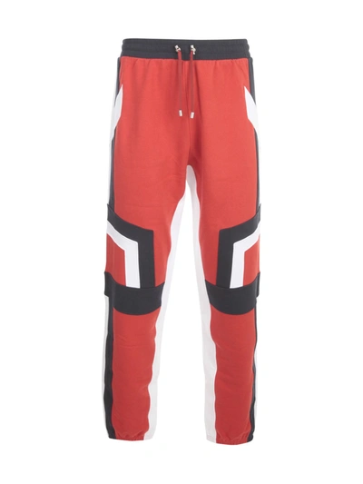 Shop Balmain Panelled Drawstring Sweatpants In Red