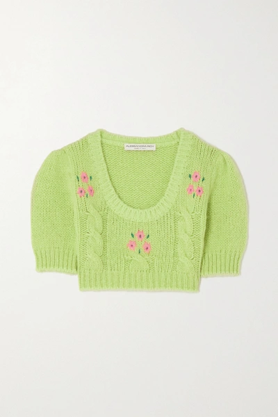 Shop Alessandra Rich Cropped Embroidered Cable-knit Alpaca-blend Sweater In Green