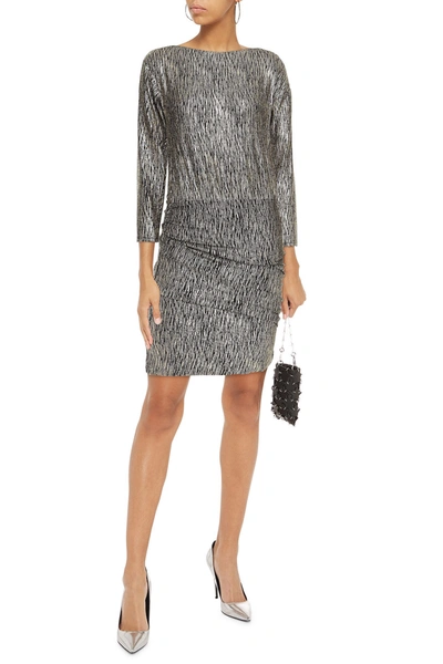 Shop Maje Ruched Metallic Stretch-knit Mini Dress In Platinum