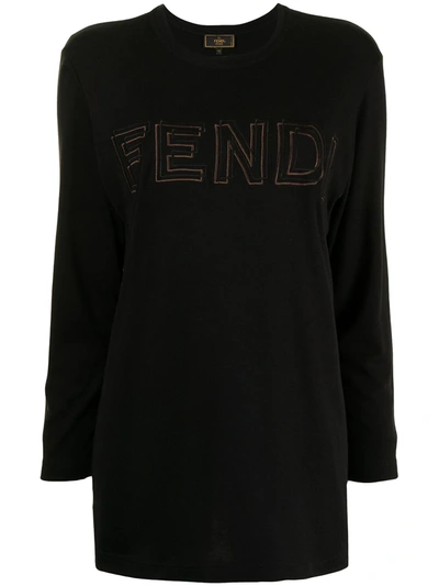 Pre-owned Fendi Embroidered Logo Long-sleeved T-shirt In Black