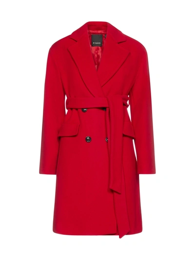 Shop Pinko Belt Waisted Buttoned Coat In Red