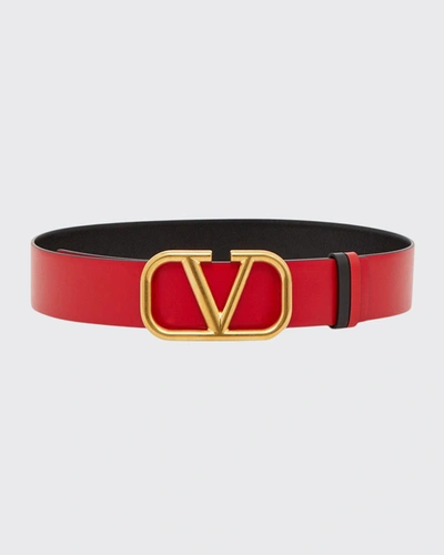 Shop Valentino Vlogo Reversible Box Leather Belt In Ivory/pink