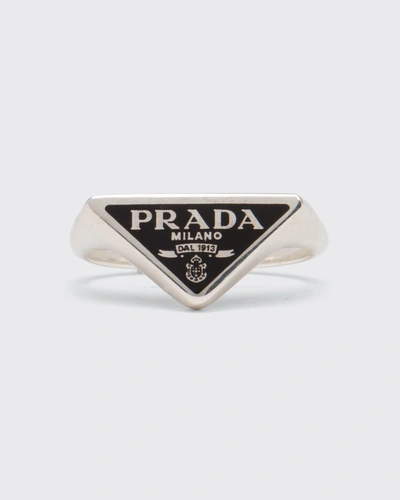 Shop Prada Enamel Triangle Logo Ring In Black/silver