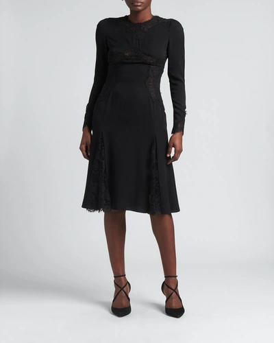 Shop Dolce & Gabbana Long-sleeve Godet Silk-blend Dress W/ Lace Trim In Nero