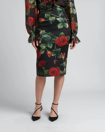 Shop Dolce & Gabbana Neoprene Rose-print Pencil Skirt In Rose Fdo Nero