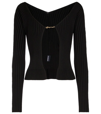 Shop Jacquemus La Maille Pralù Longue Ribbed-knit Cardigan In Black
