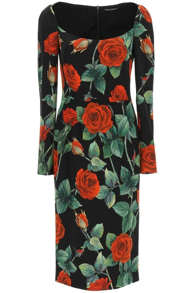 Shop Dolce & Gabbana Rose Print Long Sleeve Midi Dress In Multi