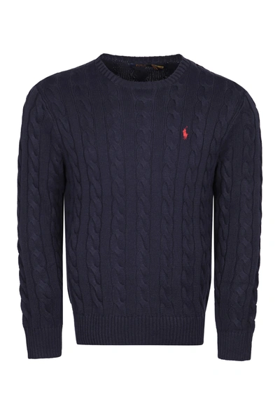 Shop Polo Ralph Lauren Logo Embroidered Cable Knit Jumper In Navy