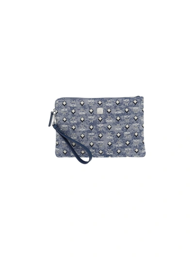 Shop Mcm Allover Logo Jacquard Clutch Bag In Blue