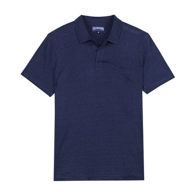Shop Vilebrequin Linen Jersey Polo Shirt Solid In Bleu_marine