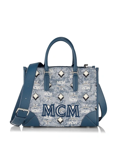 Shop Mcm Women's Small Vintage Jacquard Tote In Blue