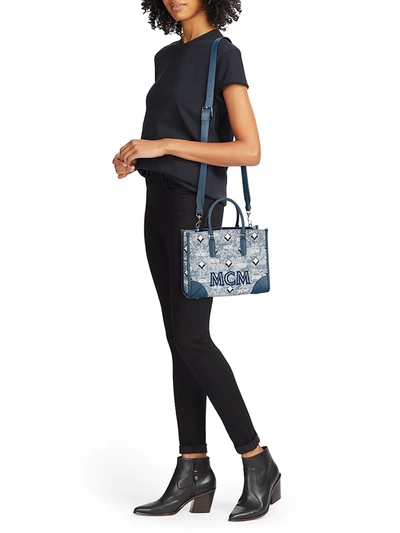 Shop Mcm Women's Small Vintage Jacquard Tote In Blue