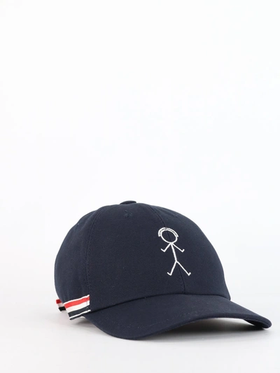 Shop Thom Browne Blue Cap With White Embroidery