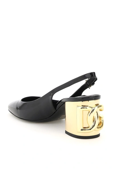 Shop Dolce & Gabbana Patent Leather Slingback With Dg Karol Heel In Black,gold