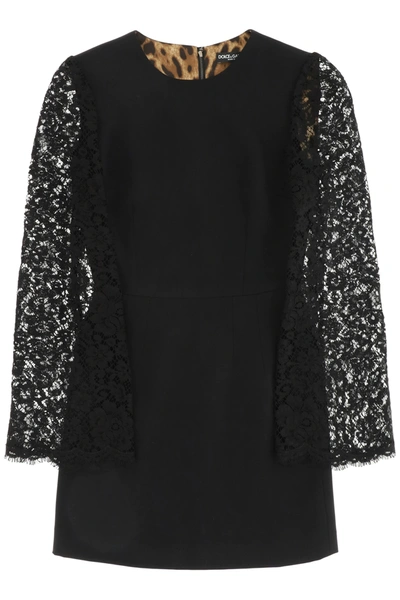 Shop Dolce & Gabbana Mini Dress With Cordonetto Lace Sleeves In Black