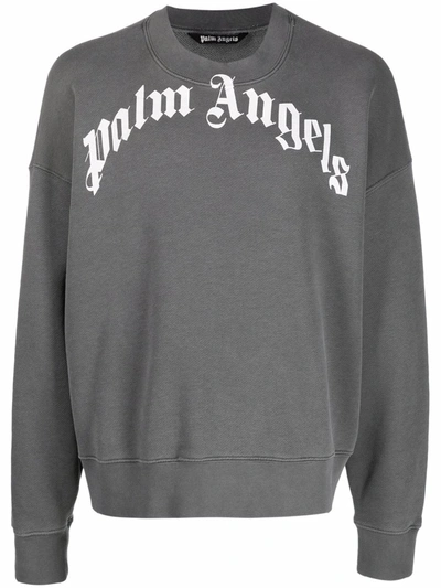 Shop Palm Angels Curved-logo Cotton Sweatshirt In Grey