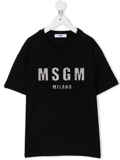 Shop Msgm Kids Black T-shirt With Glitter Logo In Nero