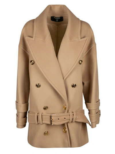 Shop Balmain Belted Pea Coat In Beige