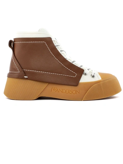 Shop Jw Anderson Brown Leather And White Cotton Sneakers In Cuoio