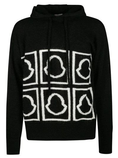 Shop Moncler Hooded Logo Knit Sweater In Black/white