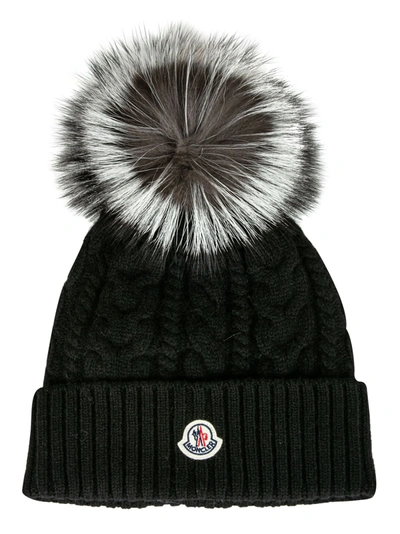 Shop Moncler Logo Patched Cable-knit Beanie In Black/white