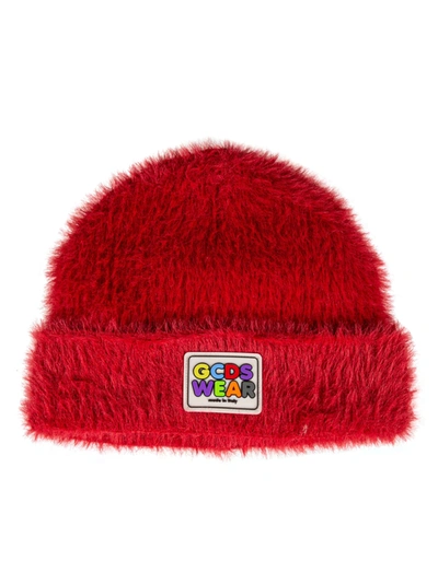 Shop Gcds Fur Applique Logo Patched Beanie In Red/white/multicolor