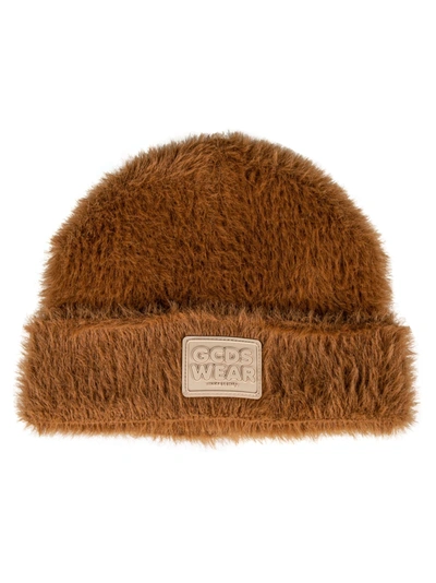 Shop Gcds Fur Applique Logo Patched Beanie In Brown/pink