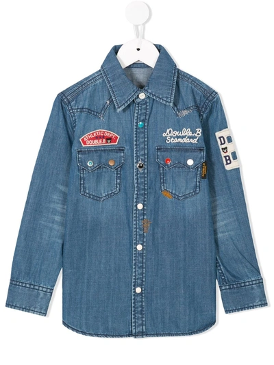 Shop Miki House Patch Embroidered Denim Shirt In 蓝色