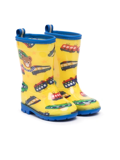 Shop Miki House Train Print Wellie Boots In 黄色