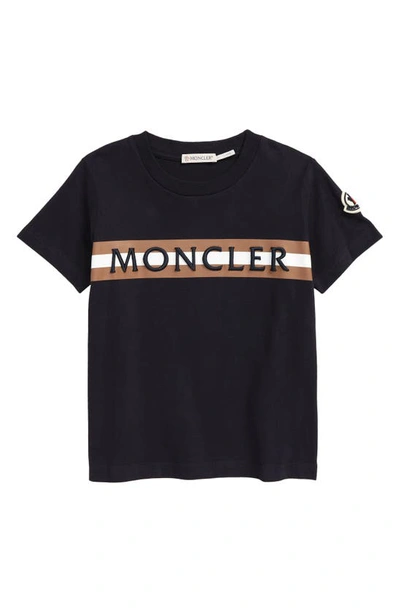 Shop Moncler Kids' Logo Embroidered Cotton T-shirt In Navy