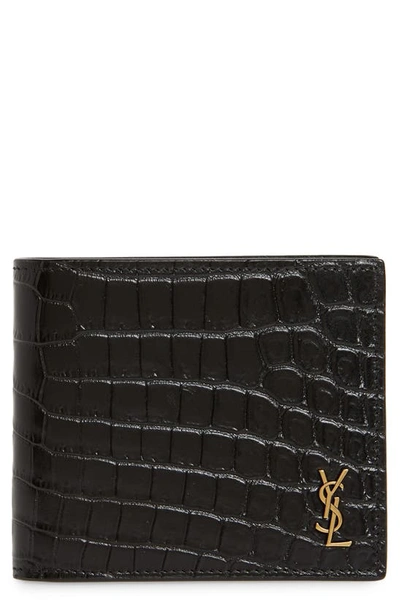 Shop Saint Laurent East/west Croc Embossed Leather Bifold Wallet In Black