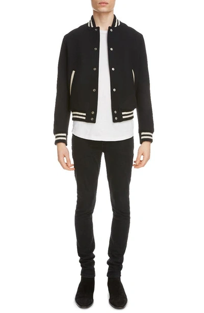 Shop Saint Laurent Teddy Logo Patch Wool Blend Bomber Jacket In Black