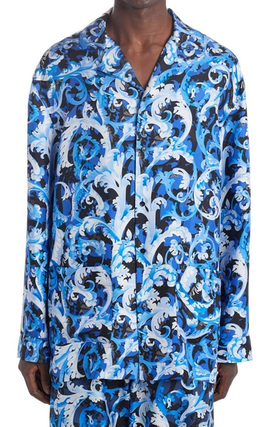 Shop Versace Baroccoflage Silk Twill Pajama Shirt In Blue Navy/ Print