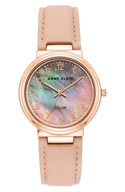 Shop Anne Klein Solar Powered Leather Strap Watch, 34mm In Blush