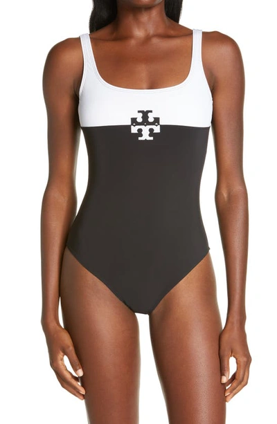 Shop Tory Burch Colorblock One-piece Swimsuit In Black / White